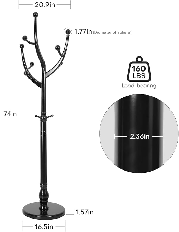 Coat Rack Freestanding Coat Tree with Sturdy Round Base, Unique Coat Hanger Stand, Heavy Duty Standing Coat Rack Clothes Stand for Winter Jacket, Hat, Entryway/Hallway/Bedroom, Black