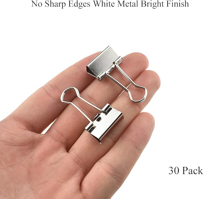 HAHIYO Binder Clips Paper Clamps Spring Steel Sturdy Small 0.75 inches Width 0.2 Inch Capacity No Sharp Edges Heavy Duty Tight Grip Reusable Silver Metal Bright Finish for Home Office School 30 Pack