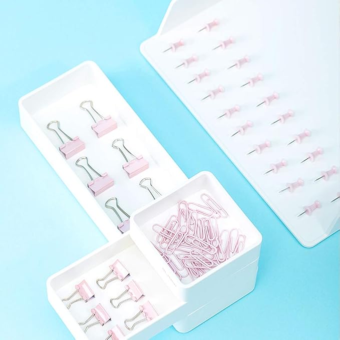 Paper Clips and Binder Clips Set, Metal Assorted Sized Binders with Push Pins, Cute Office Supplies for Desk, Desk Accessories (Pink)