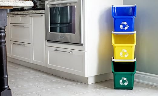 6 Gallon Stackable Recycling Bins for Homes, Garages, Offices Made of 100% Recycled Plastic - (Yellow, 3 Pack)
