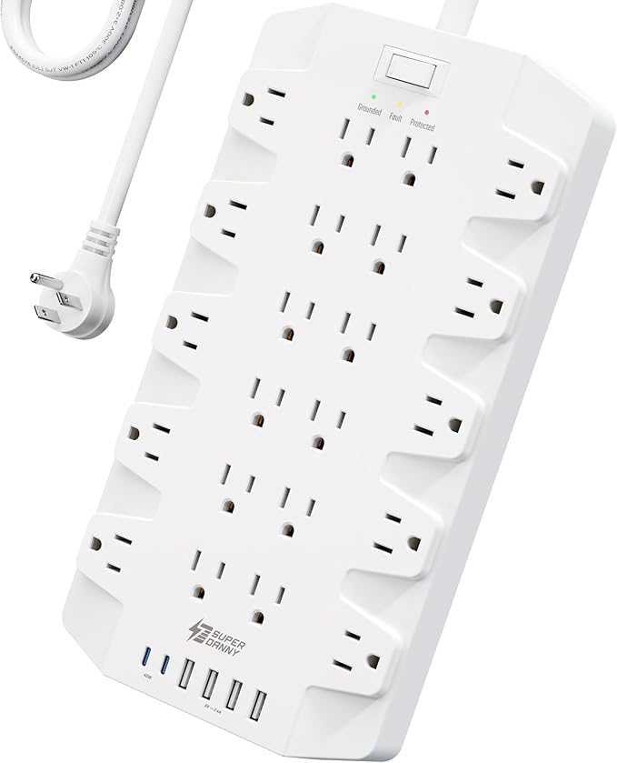45W Power Strip Surge Protector with PD USB-C, SUPERDANNY 1875W/15A, 2100J, 6.5ft Flat Plug Mountable Extension Cord with 22 Outlet+6 USB Port, Fast Charging for Home,Office,Dorm,Gaming,PC,Streaming
