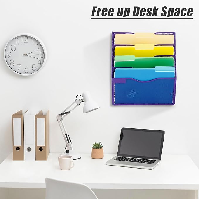 EASEPRES 5 Pocket Mesh Hanging Wall File Organizer, Wall Mounted Mail Paper Document Folder Holder, Clipboard Storage Organization Magazine Rack with Nametag Label for Office Home School, Purple