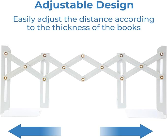 M&G Adjustable Bookends Book Ends for Shelves, Metal Bookend for Heavy Books, Desk Magazine File Organizer Holder Extends up to 20in, Book Stopper for Home, Office, Classroom (White)