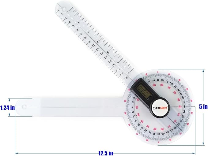 GemRed 12" Digital Goniometer 360 Degree Physical Therapy Plastic Protractor for Joint Range of Motion ROM Measurement