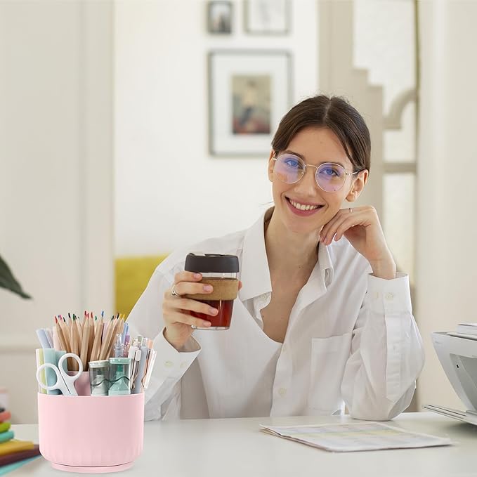 SKYDUE Makeup Organizer, Rotating Pencil Pen Holder for Desk, Dual-Purpose Desk Organizer for Cosmetics & Pens, Makeup Brush Holder with 5 Slots, Pencil Cup for Office, Home