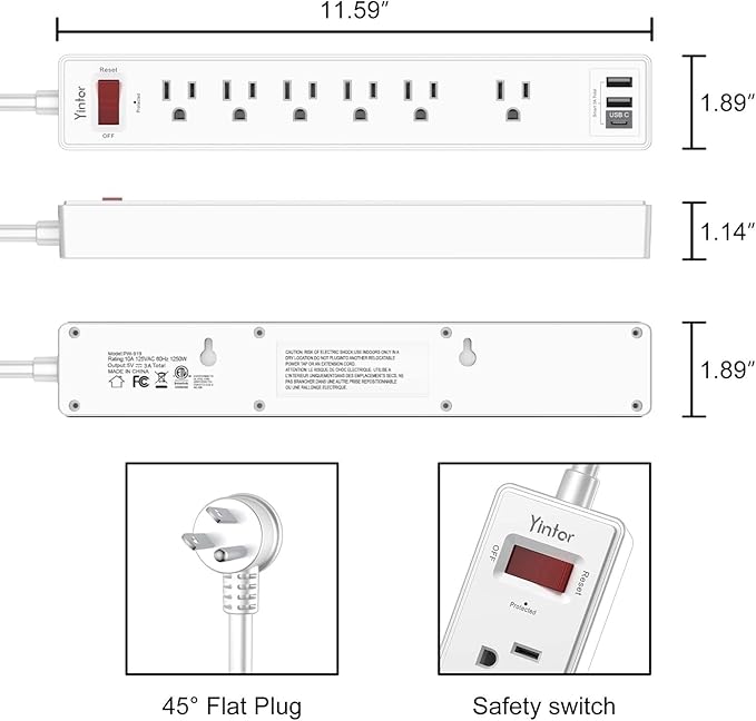 10 Ft Power Strip Surge Protector - Yintar Extension Cord with 6 AC Outlets and 3 USB Ports for Home, Office, Dorm Essentials, 1680 Joules, ETL Listed, White