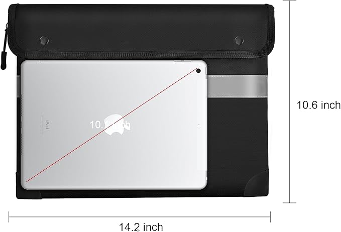 Fireproof Document Bag – 5200°F Heat-Resistant, 14.2" x 10.6" Waterproof Money Pouch with 8-Layer Protection, Zipper and Snap Closure, Reflective Strip for Quick Access, Black