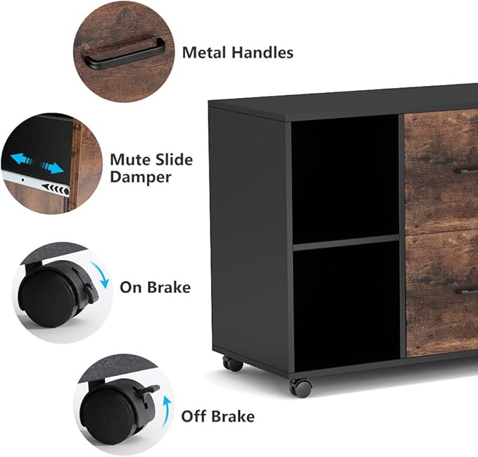 Tribesigns 2 Drawer File Cabinet, Large Mobile Lateral Filing Cabinet for Letter Size, Printer Stand with Storage Shelves and Rolling Wheels for Home Office (Black/Rustic)