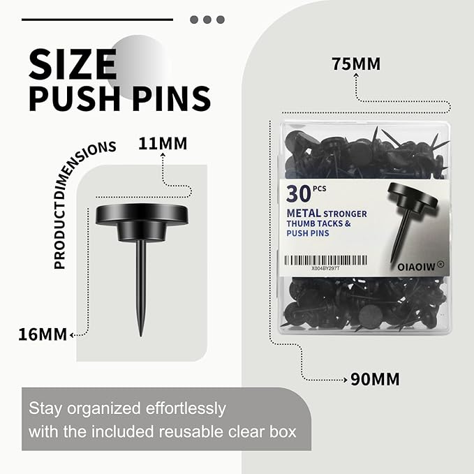 30 PCS Metal Black Push Pins for Wall Clear Thumb Tacks for Walls Flat thumbtacks Push pin for Bulletin Board Shadow Box Display Thumbtack for Cork Board