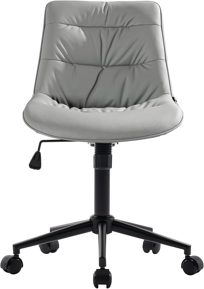 Kidol & Shellder Faux Leather Office Chair, Adjustable Swivel Height Task Chair, Rolling Wheels & Soft Backrest - Armless Ergonomic Desk Chair for Home, Office,Vanity,Gaming(Gray)