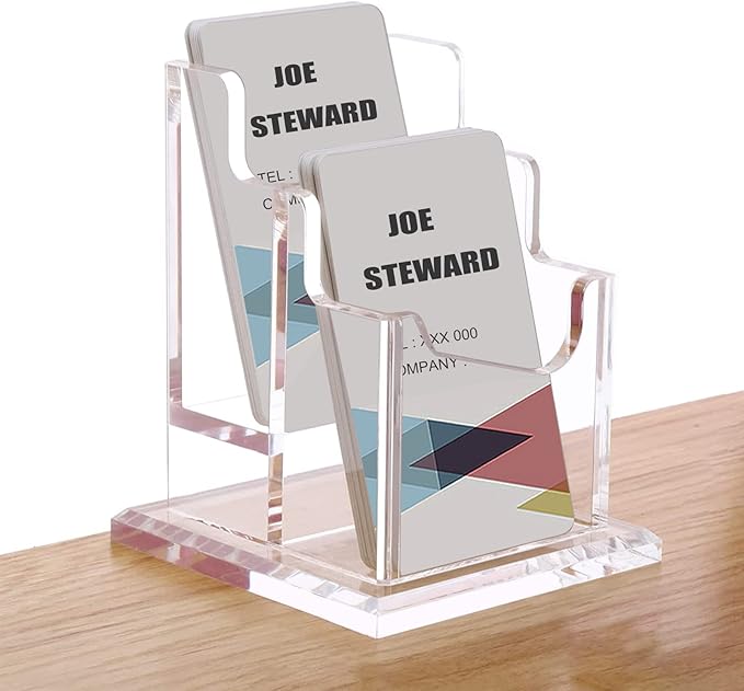 PARTSPOWER Acrylic Business Card Holder for Desk, Vertical Clear Business Name Card Display Stand, Desk Accessory Business Name Card Organizer (Vertical, 2-Slot)