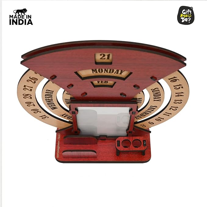 GKD Wooden Desk/Table Calendar to Lifetime Infinite Calendar 2025 with Desk Organizer and Photo Frame for Office/Home (Red)