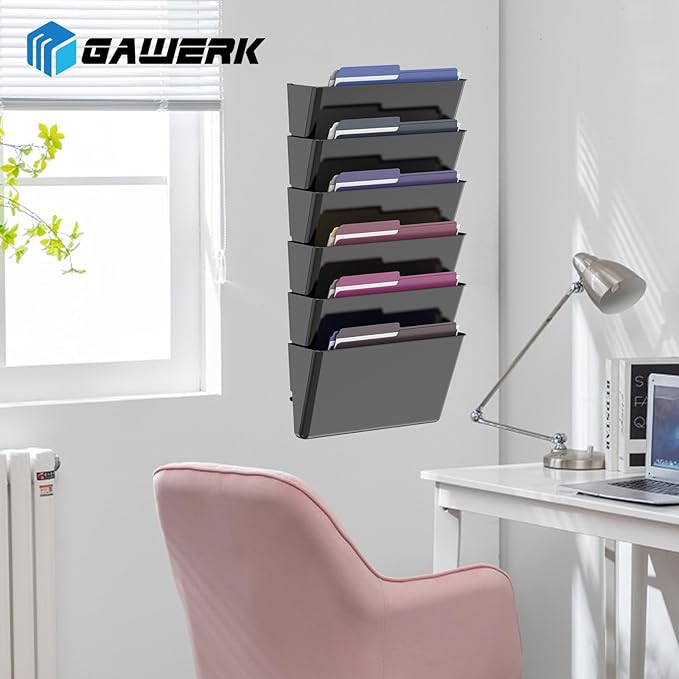 Clear Acrylic Single Pocket, Plastic Hanging Wall Mount File Holder for Office Home (Black, pack6)