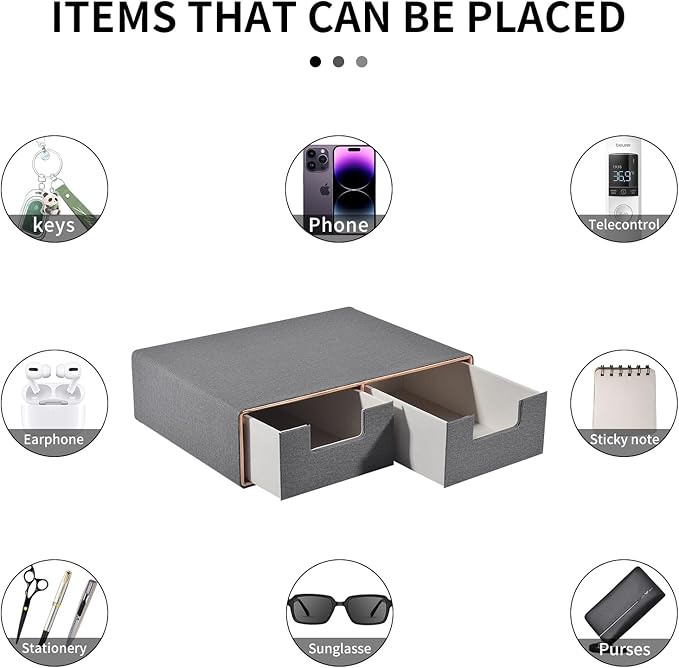 Linen Leather Desk Organizer with Drawers-Mini Desktop Drawer Organizer Stackable-Multifunctional Tabletop Organization Storage Box for Office Supplies Home Vanity Toiletries (Grey, 2-drawers)