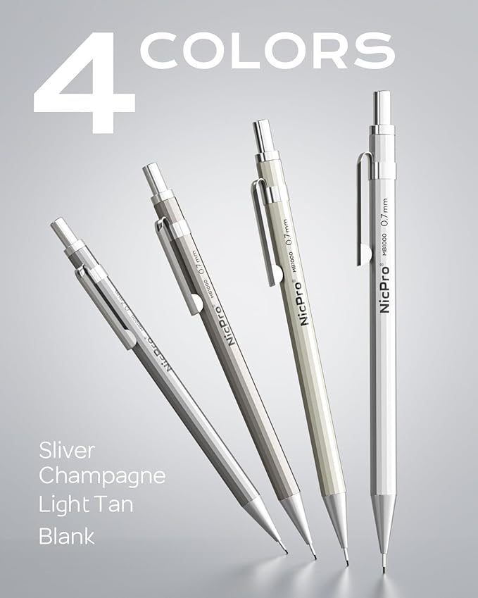 Nicpro 4 Pack Mechanical Pencil 0.7mm with Case, MB1000 Metal Mechanical Pencil Set with 8 Tube HB #2 Lead Refill 0.7 mm, 3PCS 4B Eraser, 9 Cap Eraser for Artist Drafting Writing, Sketching, Drawing