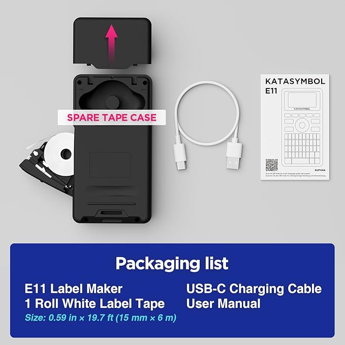 SUPVAN E11 Bluetooth Label Maker Machine with Tape, Support Keyboard & App with 40 Fonts and 450+ Icons, Rechargeable Inkless Labeler for Home, Kitchen, Office, School, Organization, Black