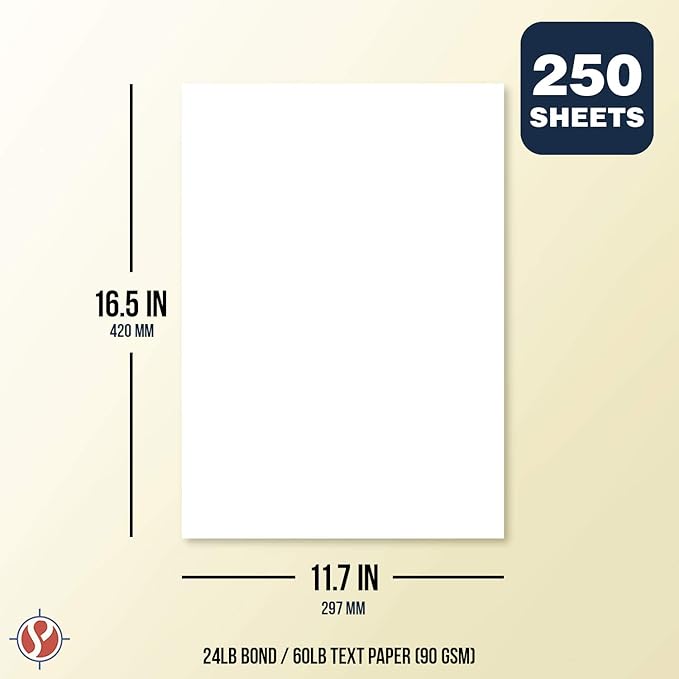 A3 Premium Bright White Paper – Great for Copy, Printing, Writing | 297 x 420 mm (11.7" x 16.5") | 24lb Bond / 60lb Text (90gsm) | 250 Sheets per Pack