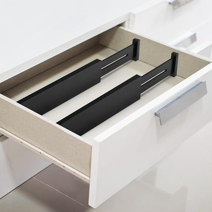 FJO 4 Pack Adjustable Bamboo Drawer Dividers - 11.8" - 17" Expandable Drawer Separators for Kitchen, Utensils, Clothes, Bedroom, Dresser, Bathroom (Black)