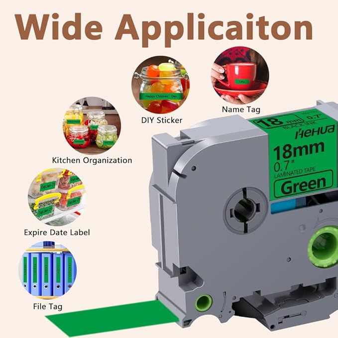 Hehua 18mm 0.7 Laminated Green Tape Compatible for Brother P-Touch TZe-741 TZe741 TZ741 TZ741 TZe TZ Label Tape for Ptouch PT D400 D600 D610 P710bt, 3/4'' x 26.2ft Black on Green, 3 Pack