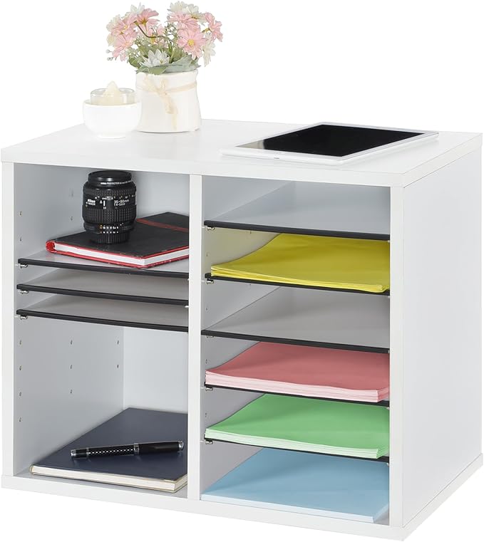 AdirOffice Wooden Adjustable Literature Organizer, 12 Compartment Office Mailbox, or Classroom Literature Organizer, White