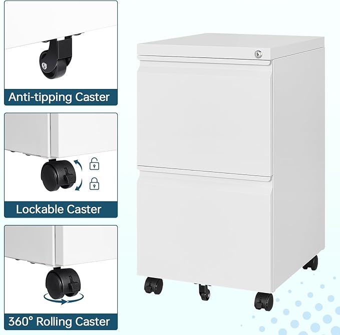 MIIIKO 2 Drawer File Cabinet with Lock, Home Office Filing Cabinets on Wheels, Under Desk 2 Drawers Storage for Legal/Letter/A4 Files,Fully Assembled