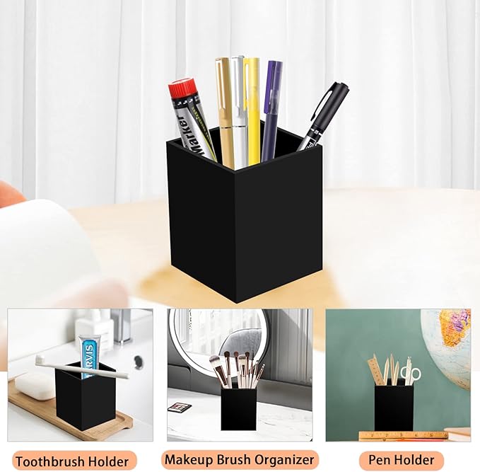2 Pack Acrylic Pen Pencil Holder, Black Makeup Brush Holder Cup Storage Office Desktop Desk Table Stationery Organizer