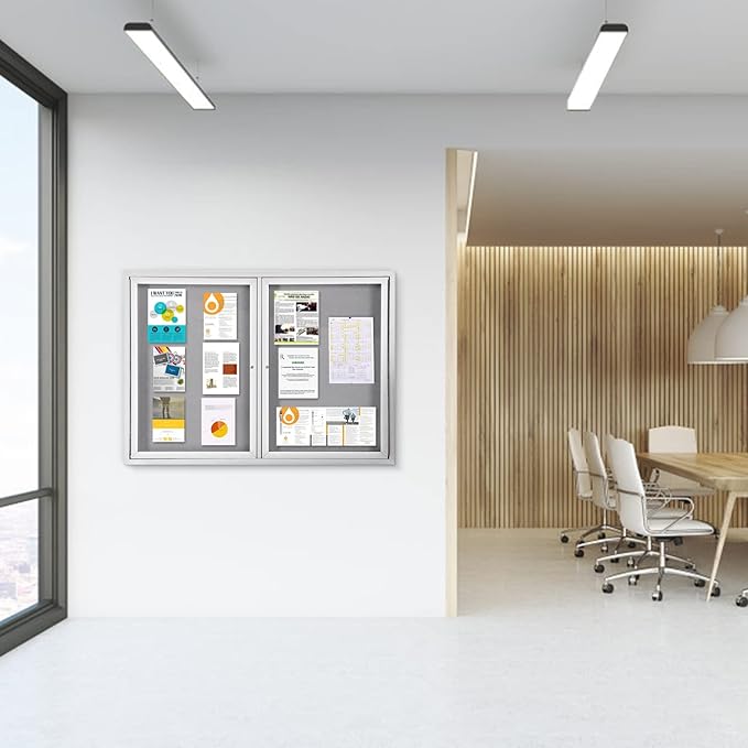 SWANCROWN Weather Resistant Enclosed Bulletin Board Gray Fabric Displays Boards Wall Mounted Notice Board with Aluminum Frame,48x34 inches