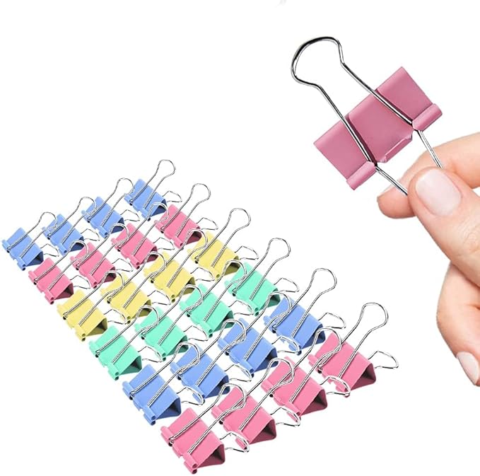 Medium Binder Clips, 24 Pack, 1-1/4 Inch, 1.25 Inch, Standard 32mm, Colorful, Capacity 0.6 Inch, Metal Paper Clips, Fold Clamp, Office Clips, School & Home Use