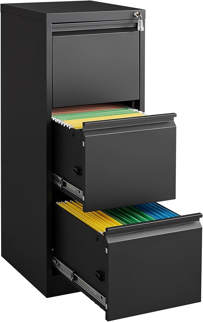 3 Drawer File Cabinet with Lock, Vertical File Cabinets for Home Office, Metal Filing Cabinets, Heavy Duty Steel Lockable Filing Storage Cabinet for Letter/Legal/A4/F4 Size Files, Black