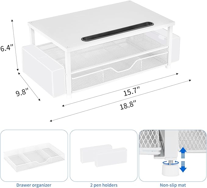 AUPSEN White Monitor Stand Riser, 2-Tier Wood Computer Desk Organizer with Drawer, Pen Storage & Phone Holder ,Office Desk Accessories Desktop Organizer for Office Supplies