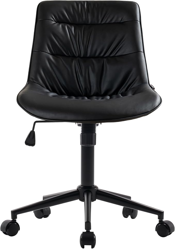 Kidol & Shellder Faux Leather Office Chair, Adjustable Swivel Height Task Chair, Rolling Wheels & Soft Backrest - Armless Ergonomic Desk Chair for Home, Office,Vanity,Gaming(Black)