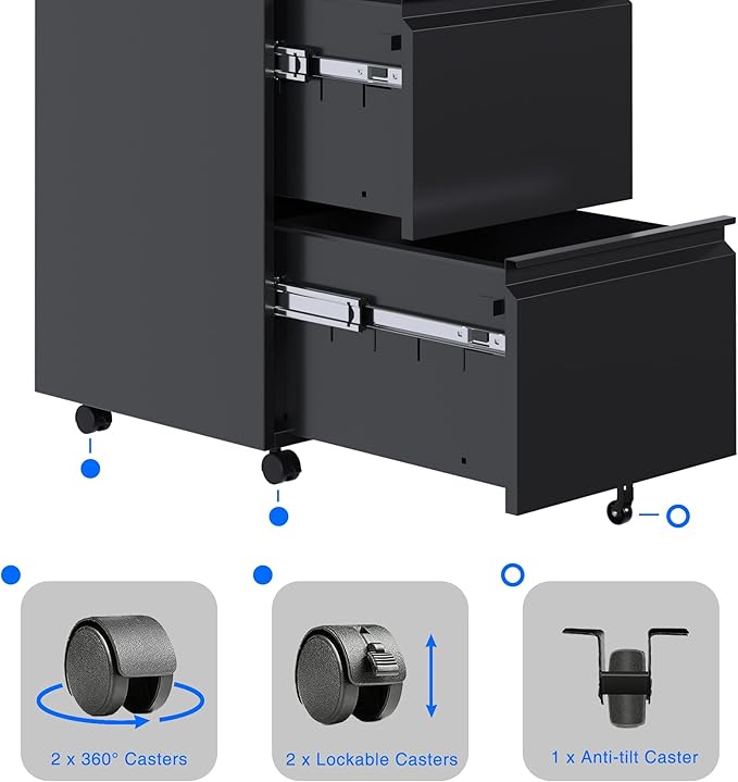 Aobabo 2 Drawer File Cabinet, Lockable Metal Filing Cabinet with Wheels for Home Office, Legal/Letter Size, Fully Assembled Except Wheels, Black