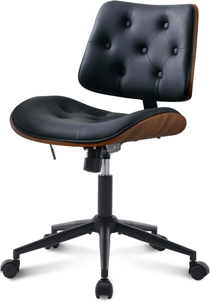 Armless Home Office Chair with Wheels, PU Leather Adjustable Height Computer Desk Chair, 360 Swivel Small No Arms Chair, Modern Button Walnut Style for Office, Reading Meeting Room(Black)