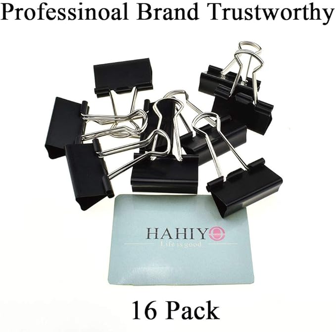 HAHIYO Binder Clips Paper Clamps Spring Steel Sturdy Medium 1.26 inches Width 0.45 Inch Capacity No Sharp Edges Heavy Duty Tight Grip Reusable Black Metal Bright Finish for Home Office School 16 Pack
