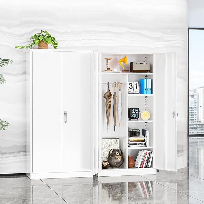 INTERGREAT Metal Storage Cabinet with Lock,White Armoire Wardrobe Closet with Lockable Doors,72" H Storage Closet Cabinets for Home,School,Office,Bedroom