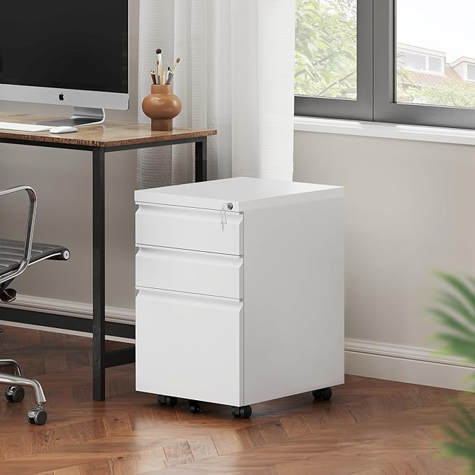 YITAHOME 3-Drawer Vertical File Cabinet, Mobile Metal Filing Cabinet with Lock for Legal/Letter Size, Pre-Built Office Storage File Cabinet Except Wheels Under Dese, White