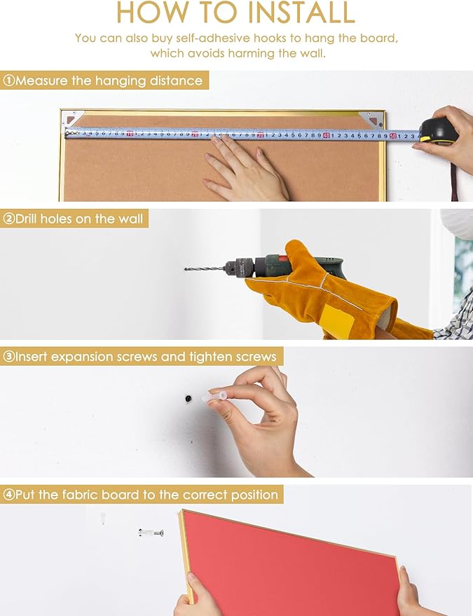 Bulletin Board 23.6 x 17.7 inches, Coral Red Pin Board, Golden Aluminum Framed Fabric Cork Board with 10 Push Pins