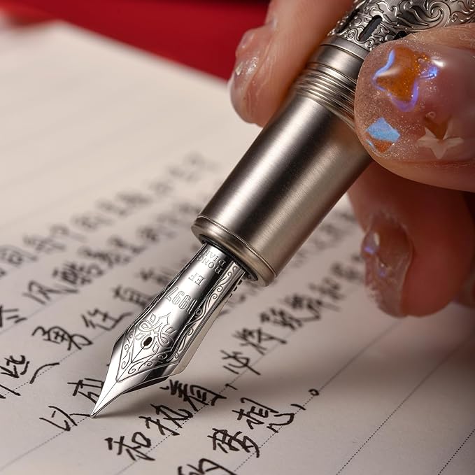 Hongdian 100 Silver Steel Piston Fountain Pen, Iridium Fine Nib Calligraphy, Smooth Writing Pens, Nice Writing Pen for Men & Women