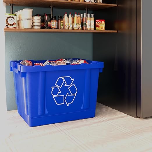14 Gallon Rectangular Blue Recycling Bin | 4 Pack | Inside Outside Curbside | Stackable Box for Paper Plastic