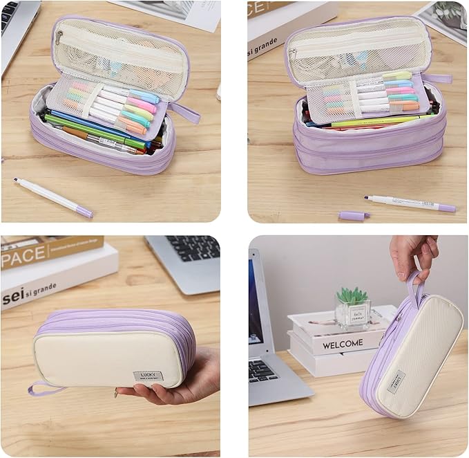 Large Pencil Case Zipper Pencil Pouch Organizer Big Capacity Pencil Bag with Handle Portable for Girls Kids Adults Gift Pen Case for School Home Office Purple