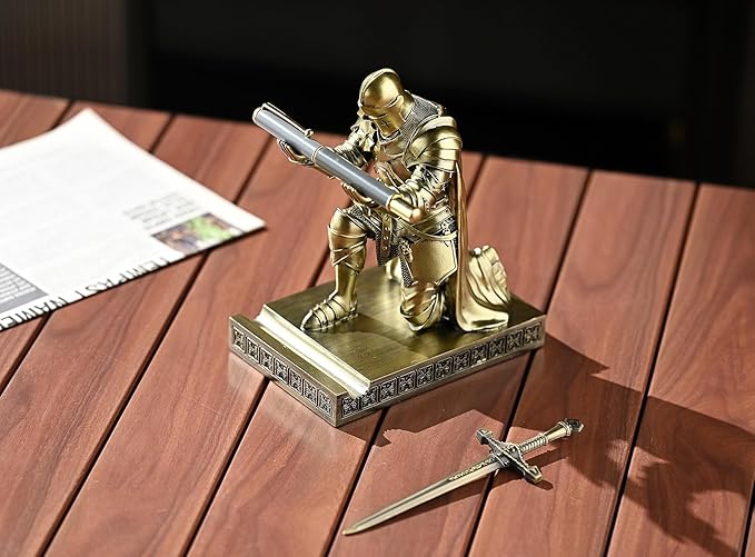 Medieval Armored Warrior Wearing Outerwear, Mobile Phone Stand Knight Pen Holder Desk Organizers, Resin Bookends Paperweight with a Letter Opener for Desk (Bronze)