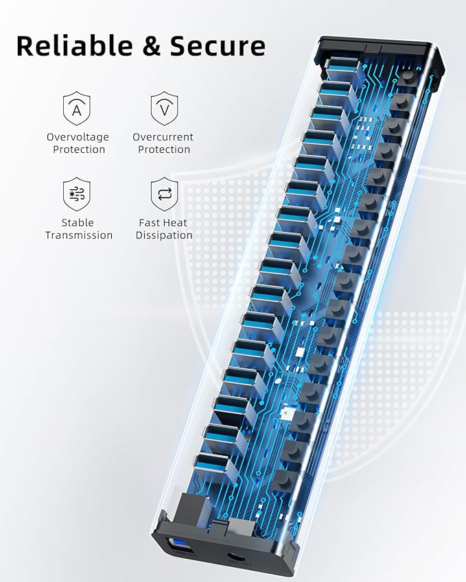 AGEEN 16-Port USB 3.2 Gen 2 Hub, 10Gbps High-Speed Aluminum Powered Hub with 96W Adapter, Individual Switches & Surge Protection for PC/Laptop, Flash Drive, Printer, Camera