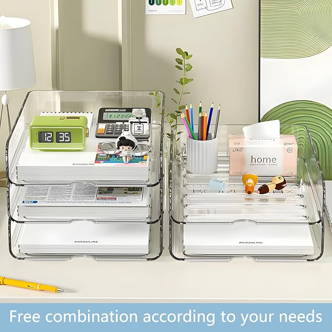 4-Tier Paper Organizer for Desk, Stackable Desk Organizer Paper Tray, Ideal for Office Supplies, A4 Storage (Clear, 4-Tier)