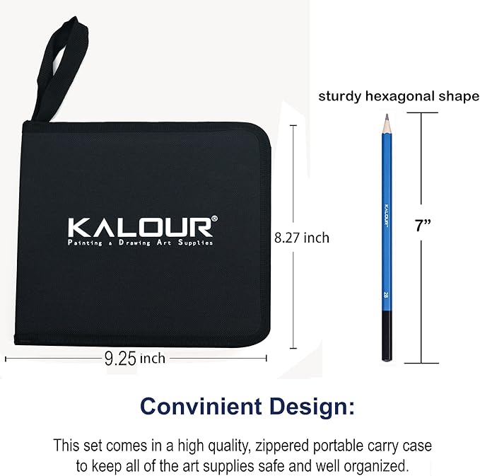 KALOUR 33 Pro Drawing Kit Sketching Pencils Set,Portable Zippered Travel Case-Charcoal Pencils, Sketch Pencils, Charcoal Stick,Sharpener,Eraser.Art Supplies for Artists Beginner Adults Teens