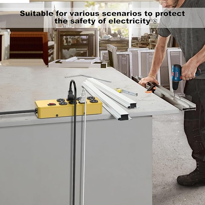 HEZI 20A Power Strip Surge Protector Durable Metal 8-Outlet with Heavy Duty 20 Amp Extension Cord,12 Gauge for Garage,Workshop & Industrial Use with 6-20R T-Slot Outlets,4800J(Yellow,6FT)