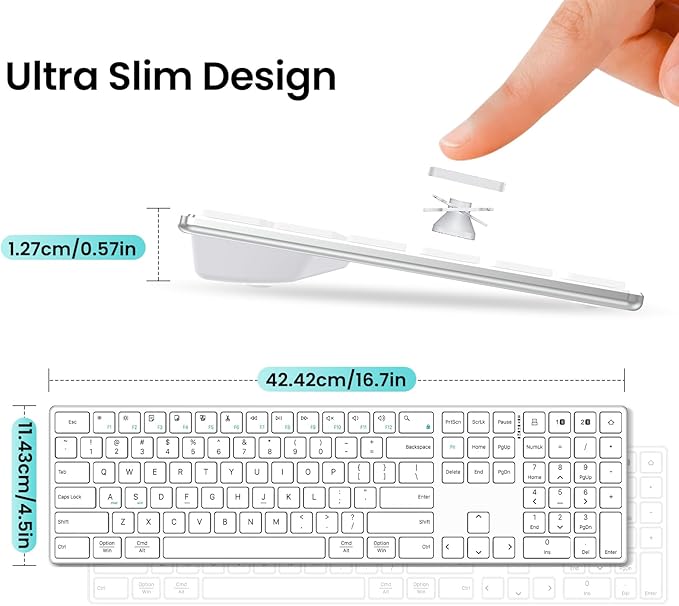 2.4G Wireless and Bluetooth Keyboard with Numeric Keypad, Multi-Device, Rechargeable, Compatible with Mac, Windows (White)