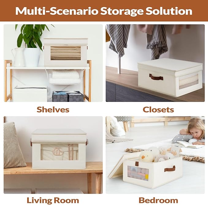 Fabric Storage Bins with Lids, Collapsible Closet Organizer with Sturdy Handles, Clear View Window, Stackable Storage Baskets for Clothes, Towels, Books, Hand Pull Closet Organizer Boxes-4-Pack, Beige