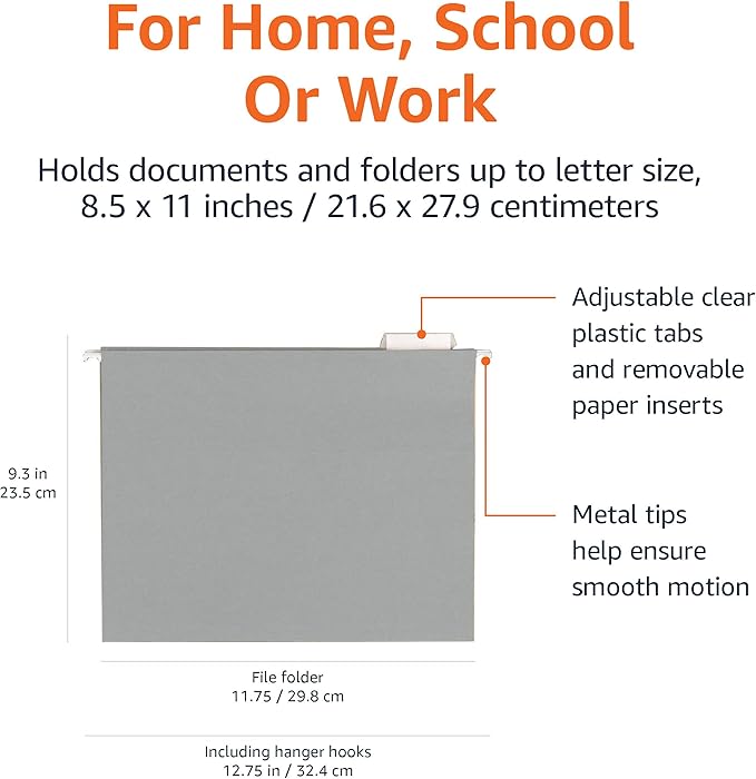 Amazon Basics Hanging File Folders, Letter Size, Gray, 25-Pack