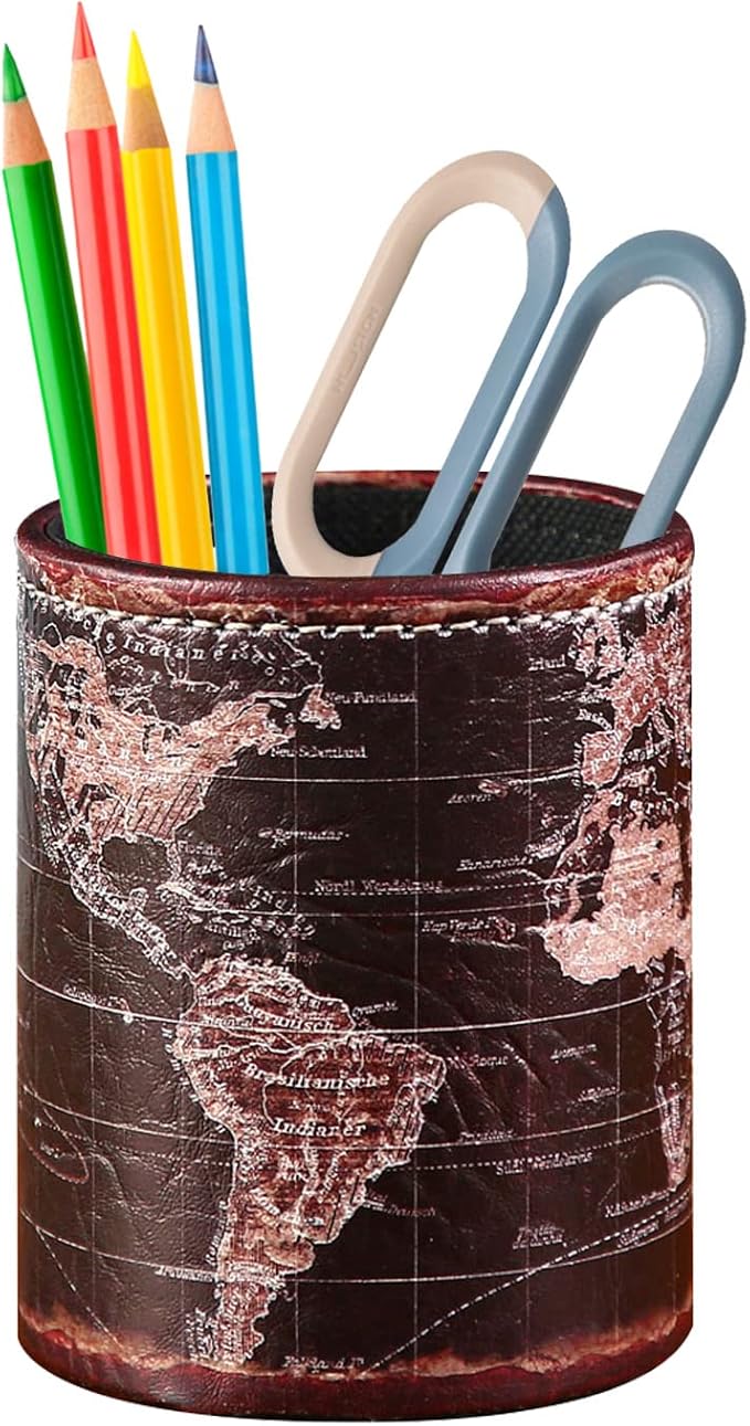 Black World Map Pencil Holder for Desk, PU leather Pencil Cup, Globe Pen Holder for Desk Office Supply Organizer PH46