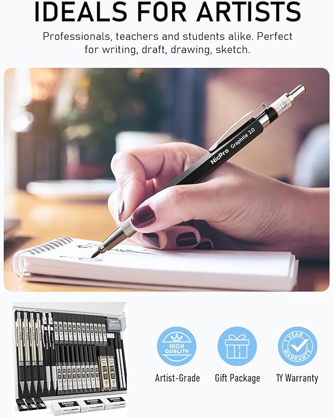 Nicpro 37PCS Art Mechanical Pencil Set, 4PCS Metal Drafting Pencil 0.3mm, 0.5 mm, 0.7 mm, 0.9 mm & 2PCS 2mm Lead Holder (6B 4B 2B HB 2H 4H Colors) For Sketching Drawing With 23 Tube Lead Refills Case